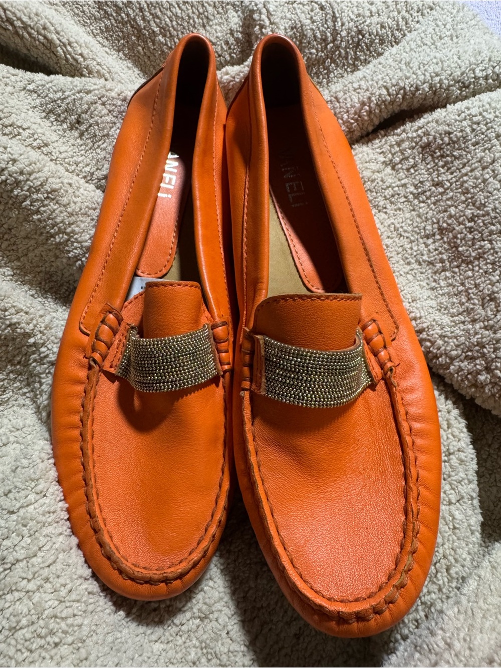 Orange Leather Loafers with Gold Accent vaneli women’s